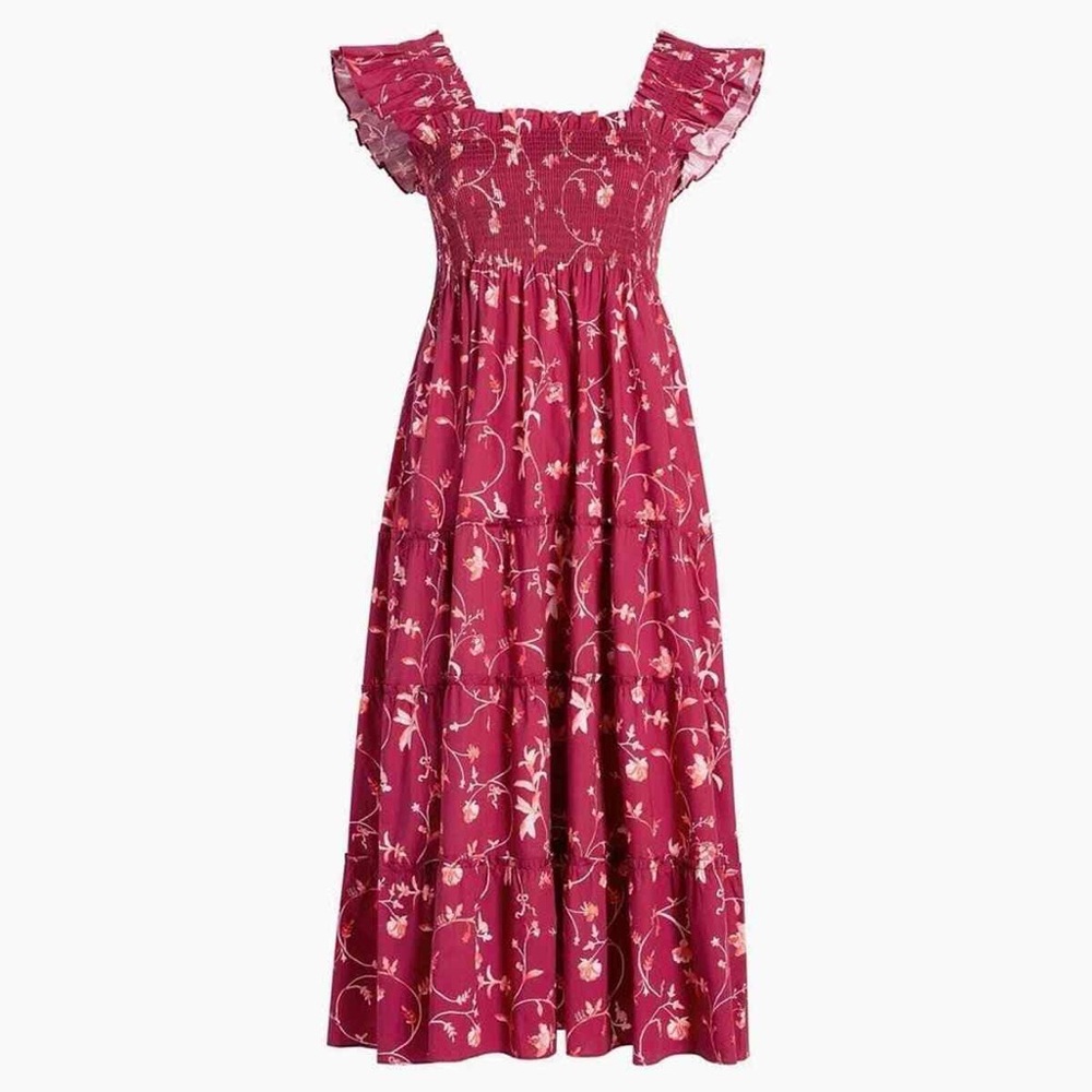 Hill House Home Ellie Burgundy Botanical smocked midi dress size S fall 2021